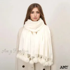 Rabbit Fur Ball Cashmere Pompom Oversize Blanket Scarf for Women