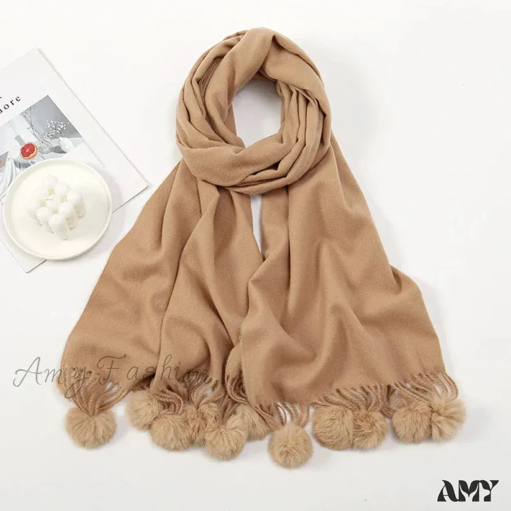 Rabbit Fur Ball Cashmere Pompom Oversize Blanket Scarf for Women