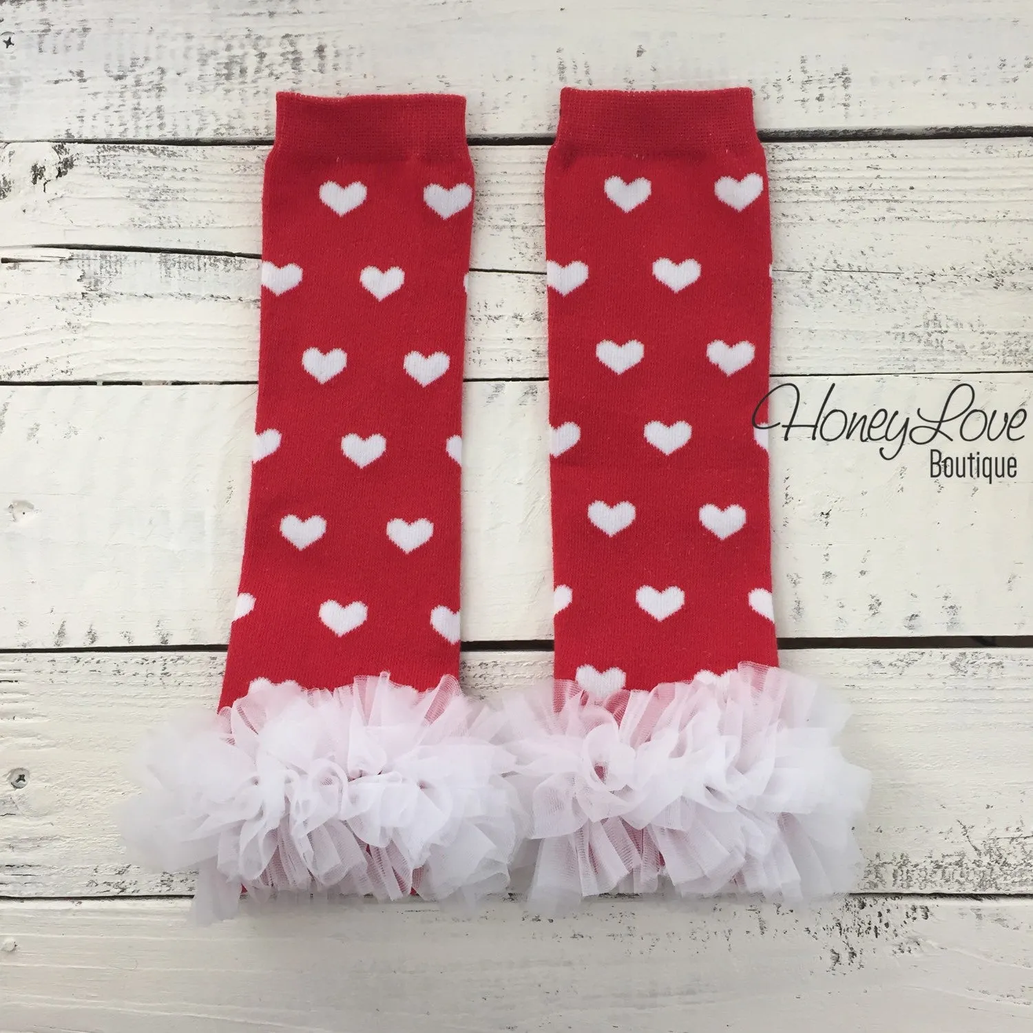 Red and White heart leg warmers, white flower headband, ruffle bottom bloomers