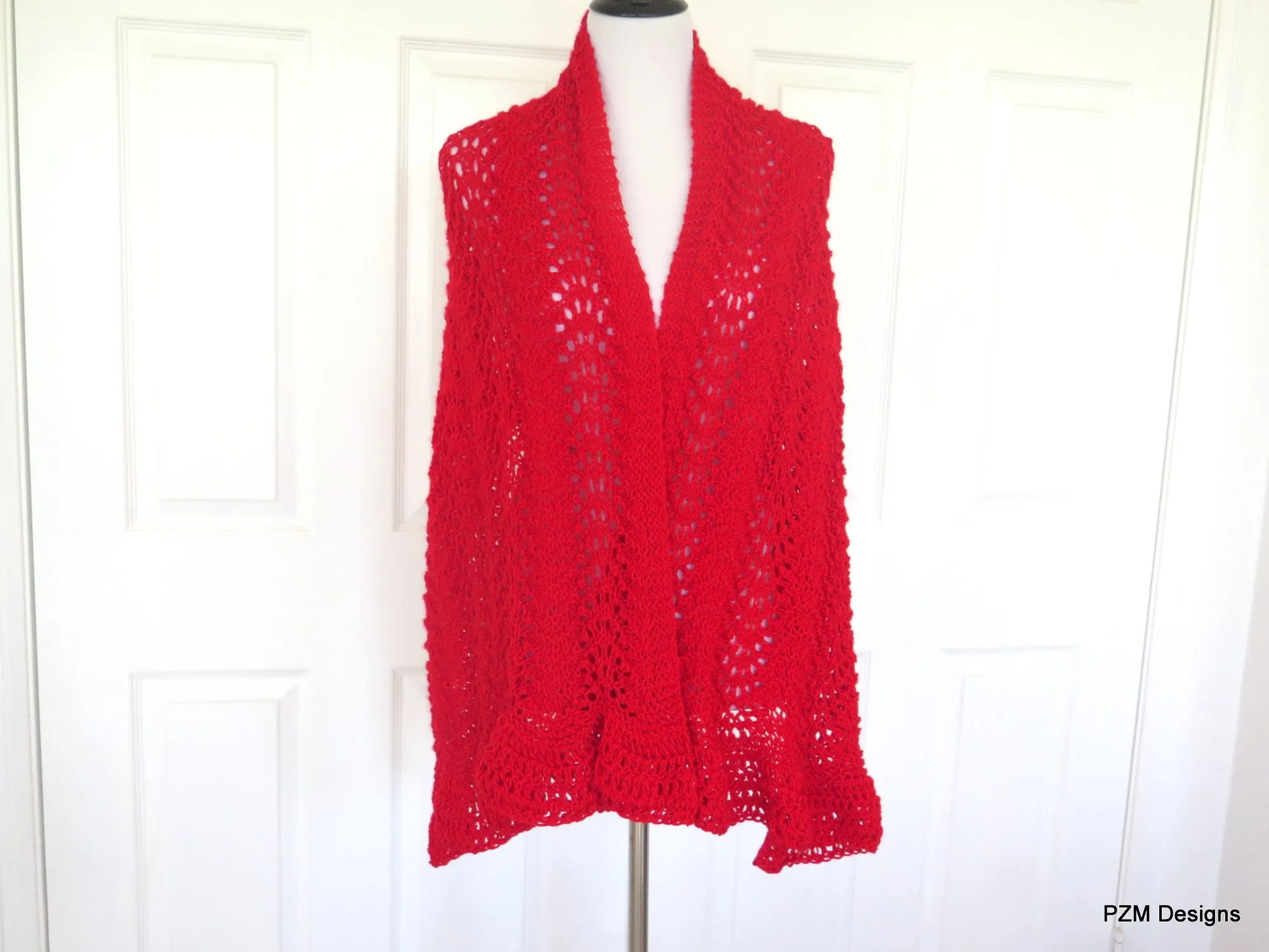 Red Hand Knit Lace Shawl, Red Prayer Shawl, Gift for Her