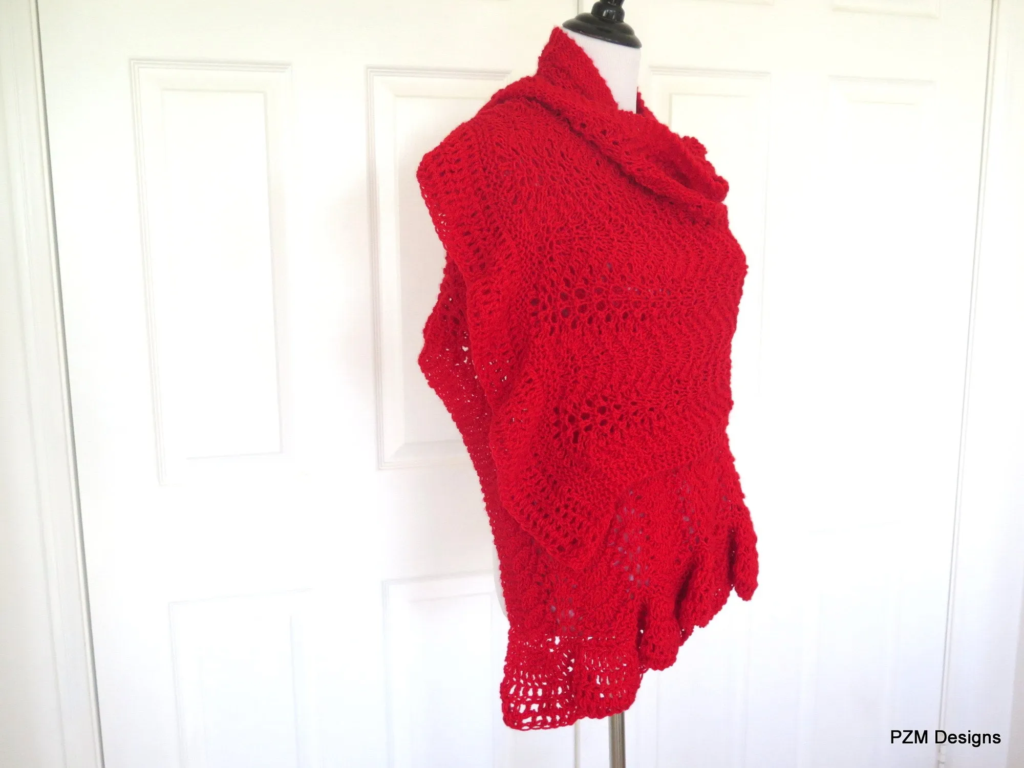 Red Hand Knit Lace Shawl, Red Prayer Shawl, Gift for Her