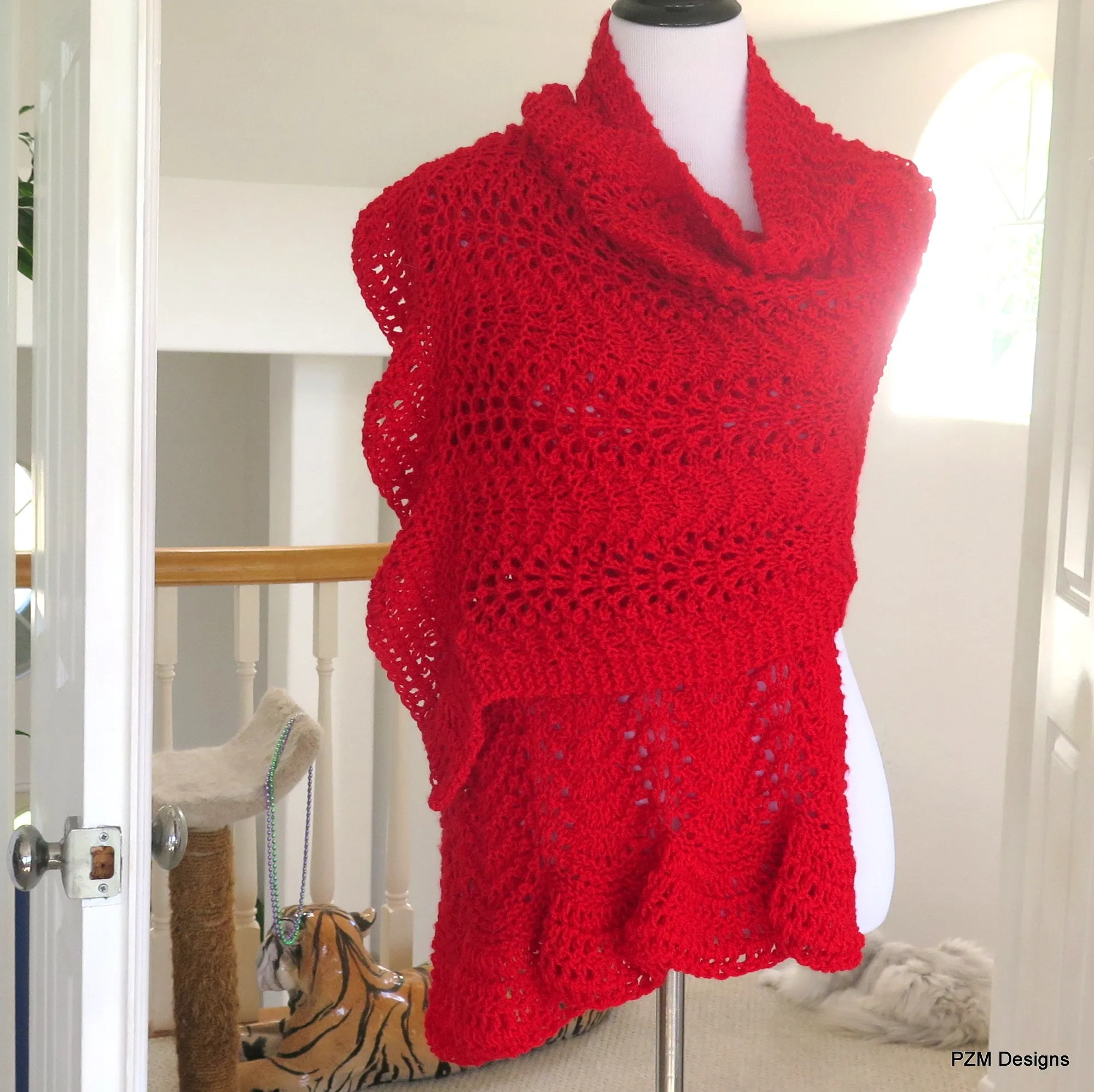 Red Hand Knit Lace Shawl, Red Prayer Shawl, Gift for Her