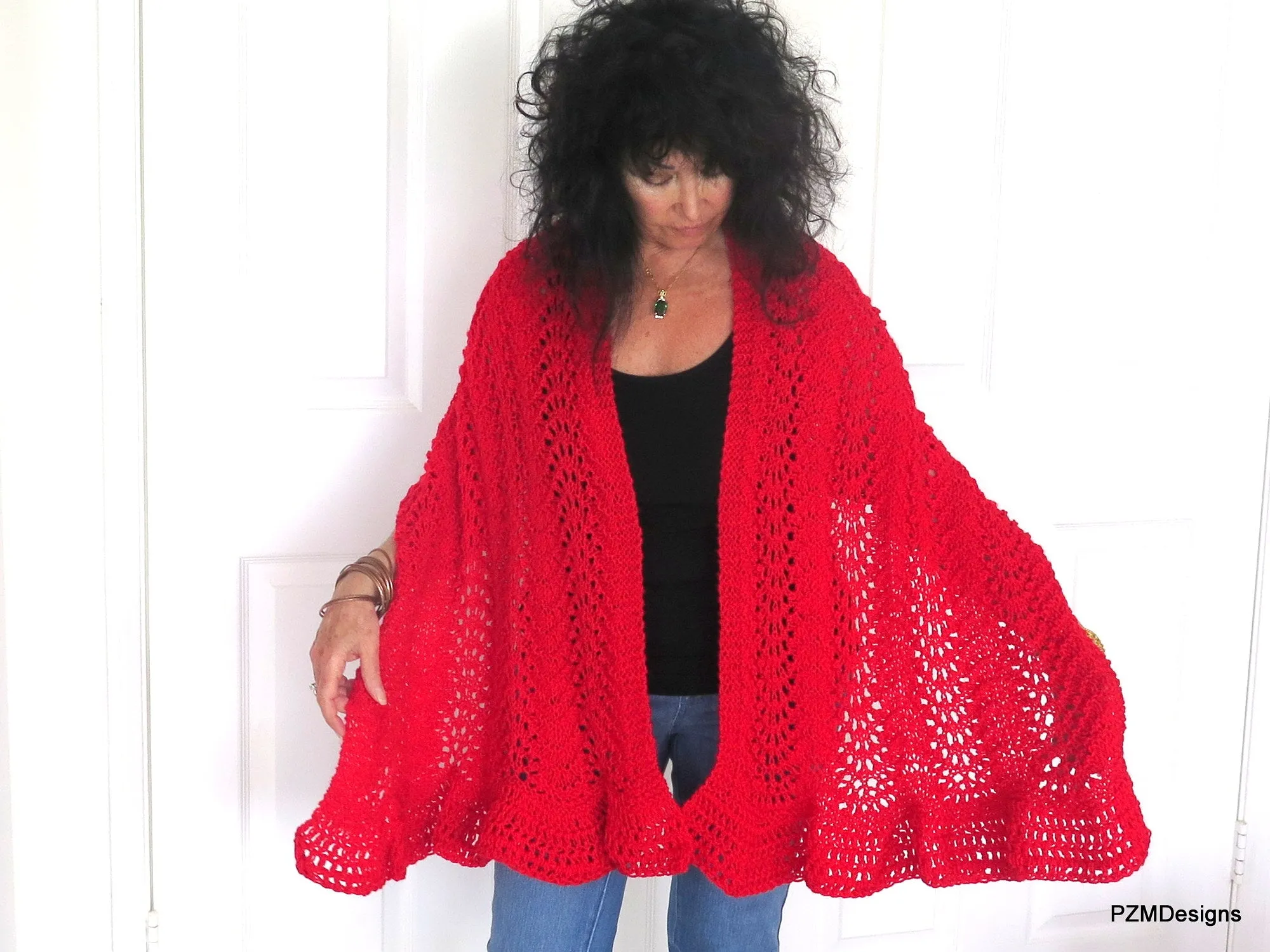 Red Hand Knit Lace Shawl, Red Prayer Shawl, Gift for Her