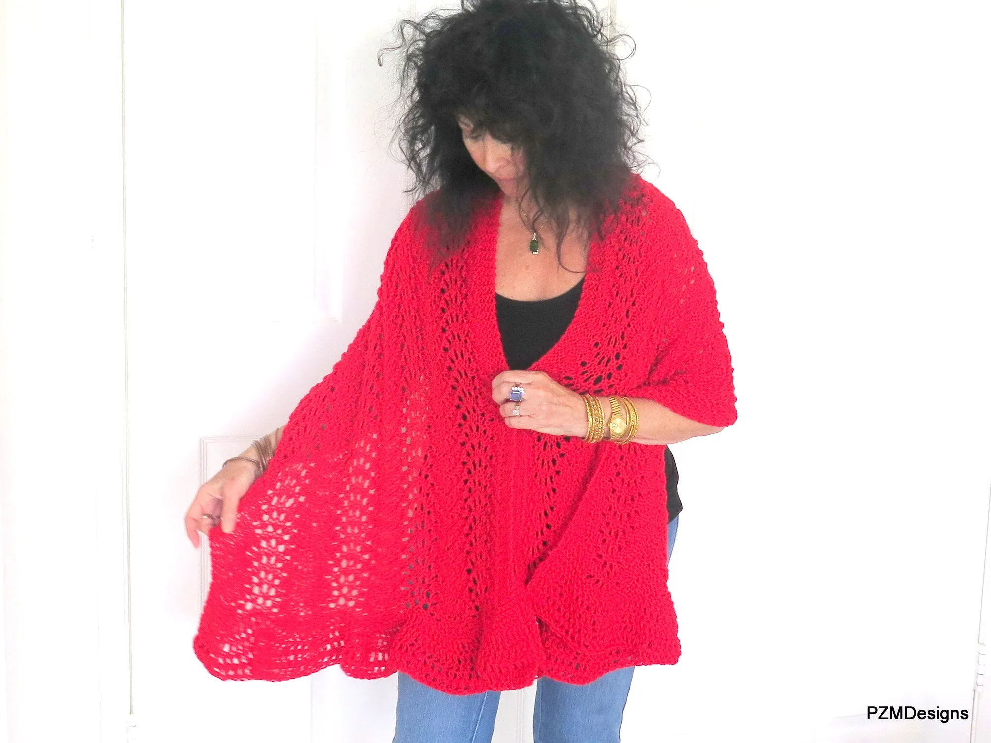 Red Hand Knit Lace Shawl, Red Prayer Shawl, Gift for Her