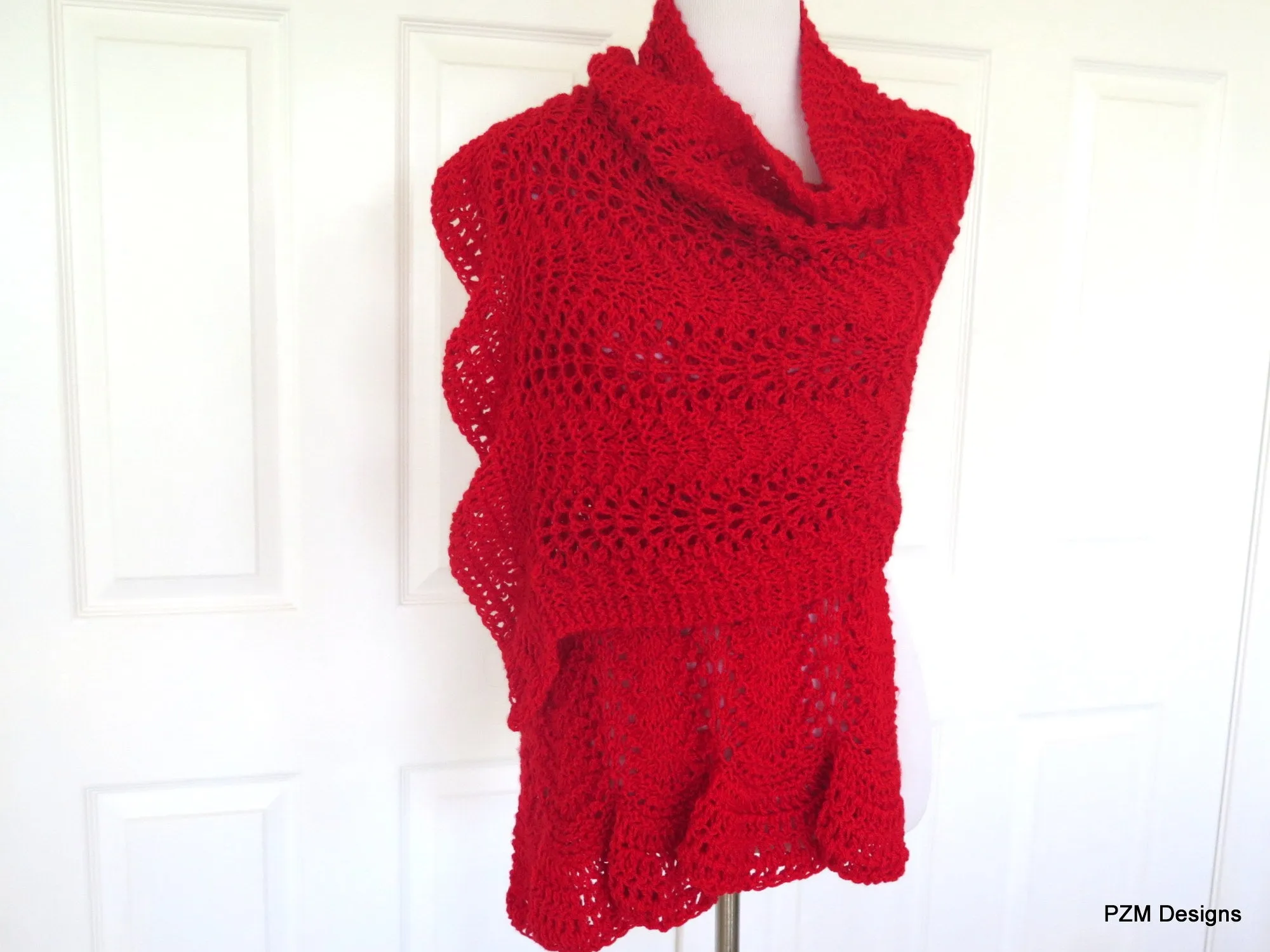 Red Hand Knit Lace Shawl, Red Prayer Shawl, Gift for Her