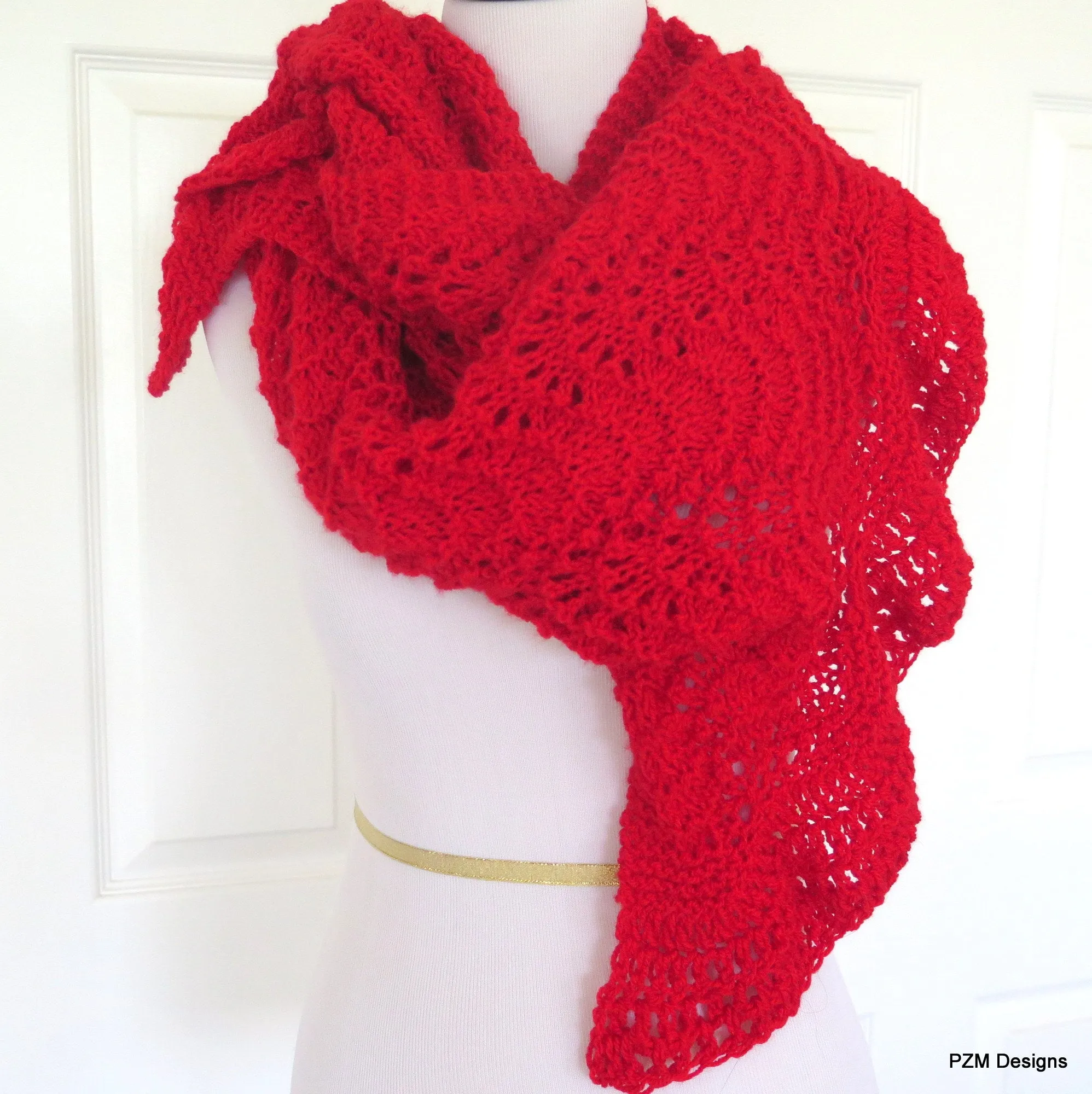 Red Hand Knit Lace Shawl, Red Prayer Shawl, Gift for Her