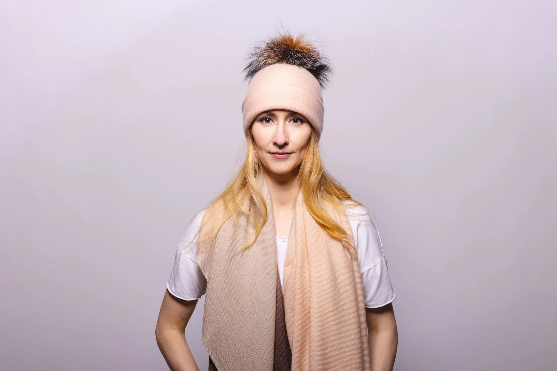 Reversible Slouchy Blush Cashmere Hat with Crystal Pom-Pom