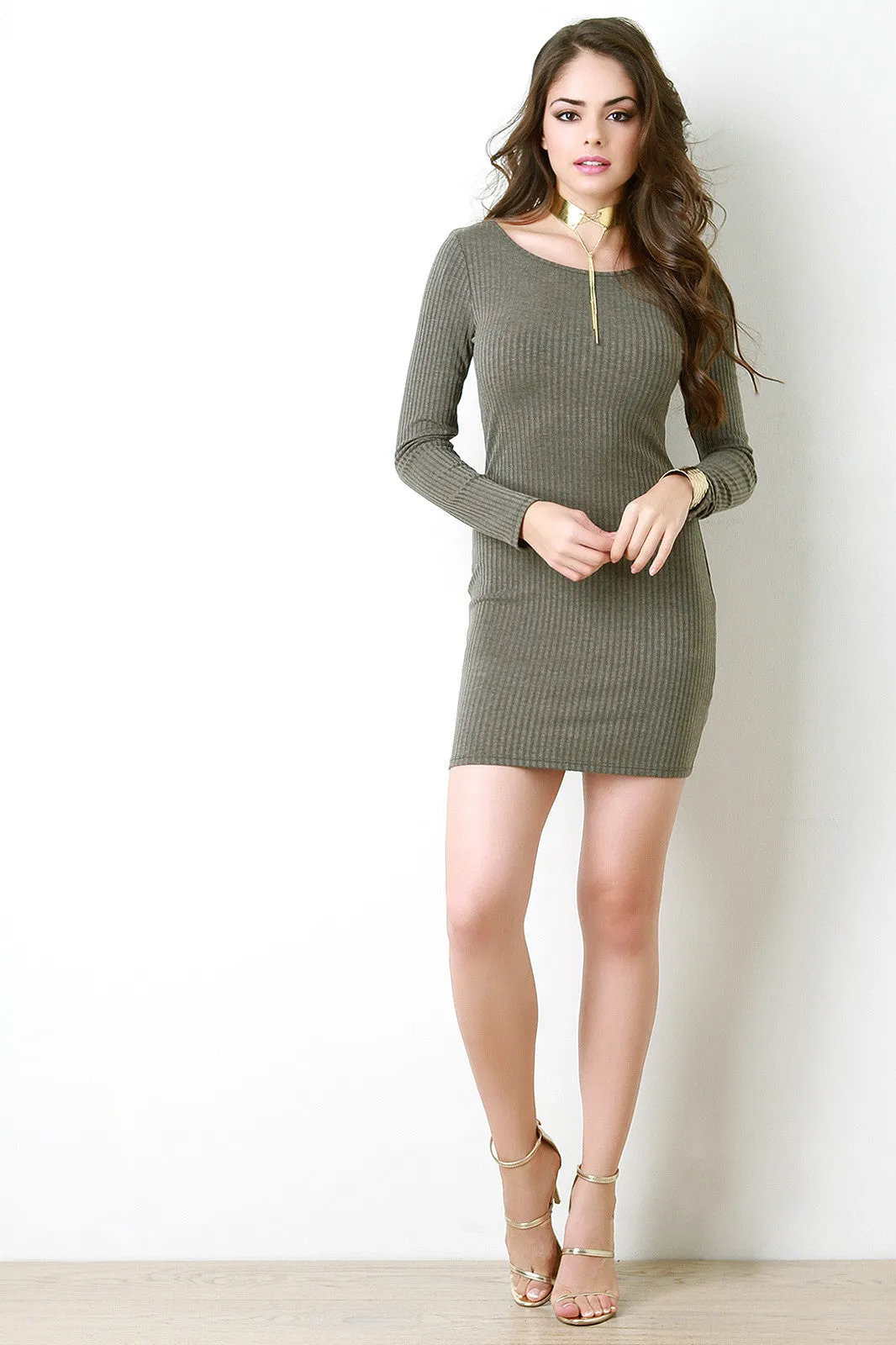 Rib Knit Low Cut Cross Strap Back Mini Dress