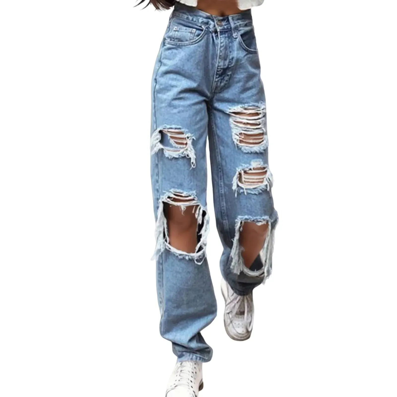 Ripped Holes Denim Women New Sexy High Waist Blue Washed Jeans Loose Fit Wide Leg Casual Streetwear Fashion Pants