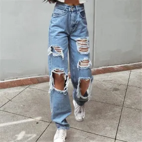 Ripped Holes Denim Women New Sexy High Waist Blue Washed Jeans Loose Fit Wide Leg Casual Streetwear Fashion Pants