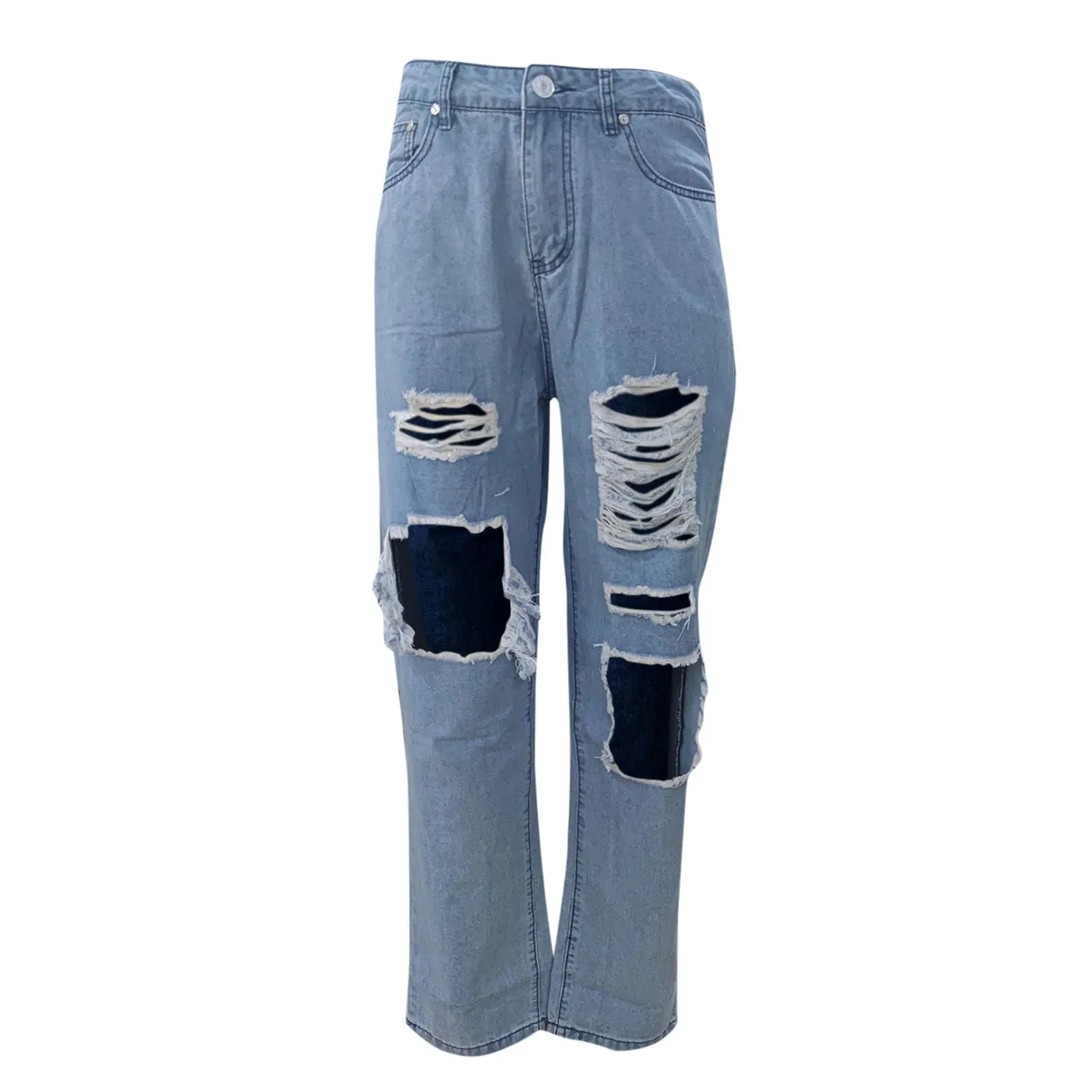 Ripped Holes Denim Women New Sexy High Waist Blue Washed Jeans Loose Fit Wide Leg Casual Streetwear Fashion Pants