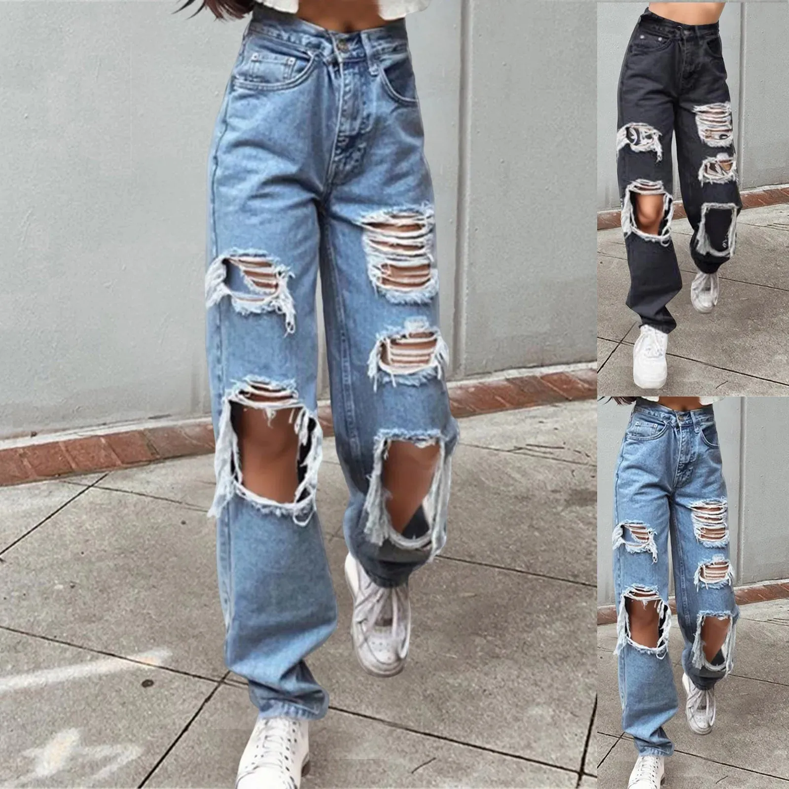 Ripped Holes Denim Women New Sexy High Waist Blue Washed Jeans Loose Fit Wide Leg Casual Streetwear Fashion Pants