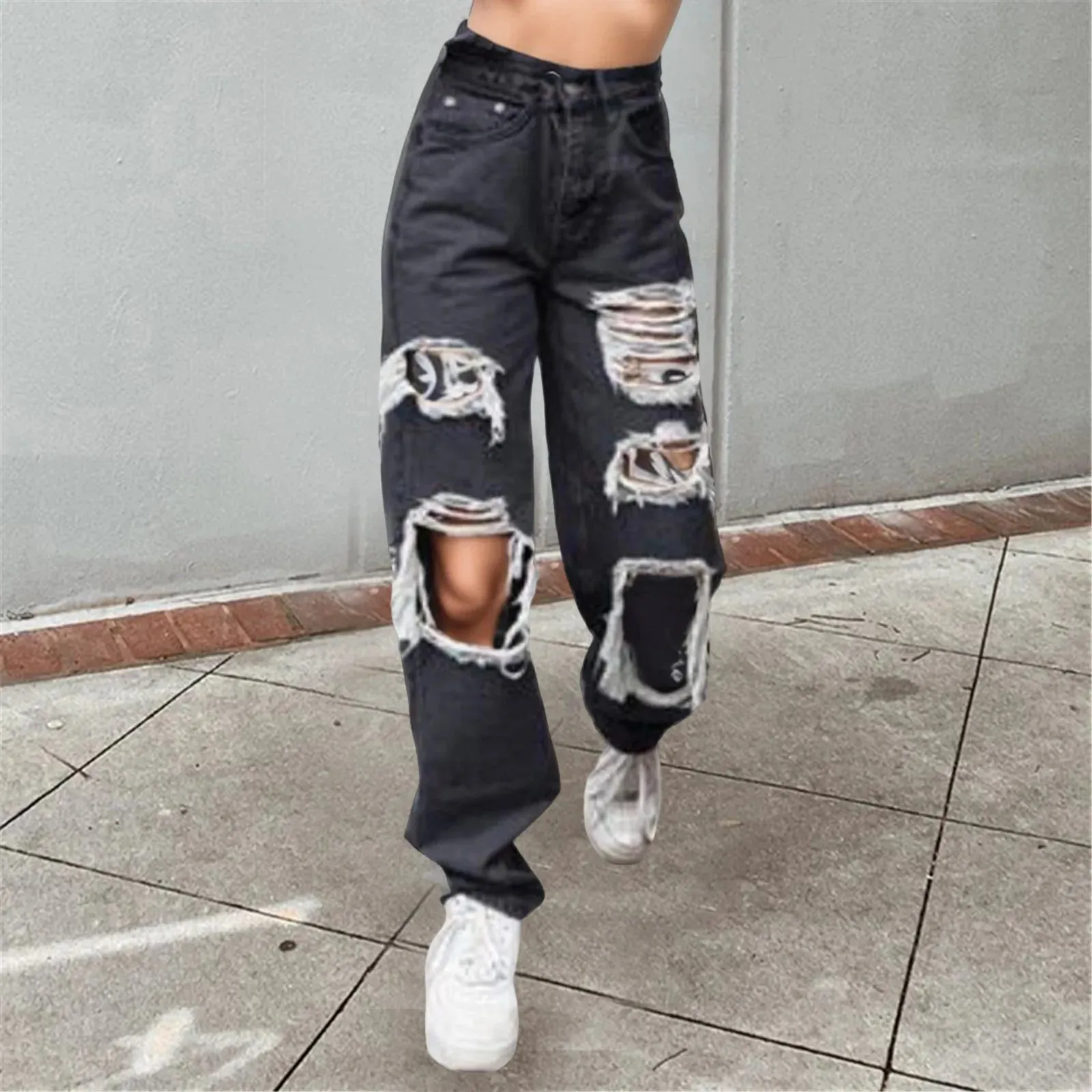 Ripped Holes Denim Women New Sexy High Waist Blue Washed Jeans Loose Fit Wide Leg Casual Streetwear Fashion Pants