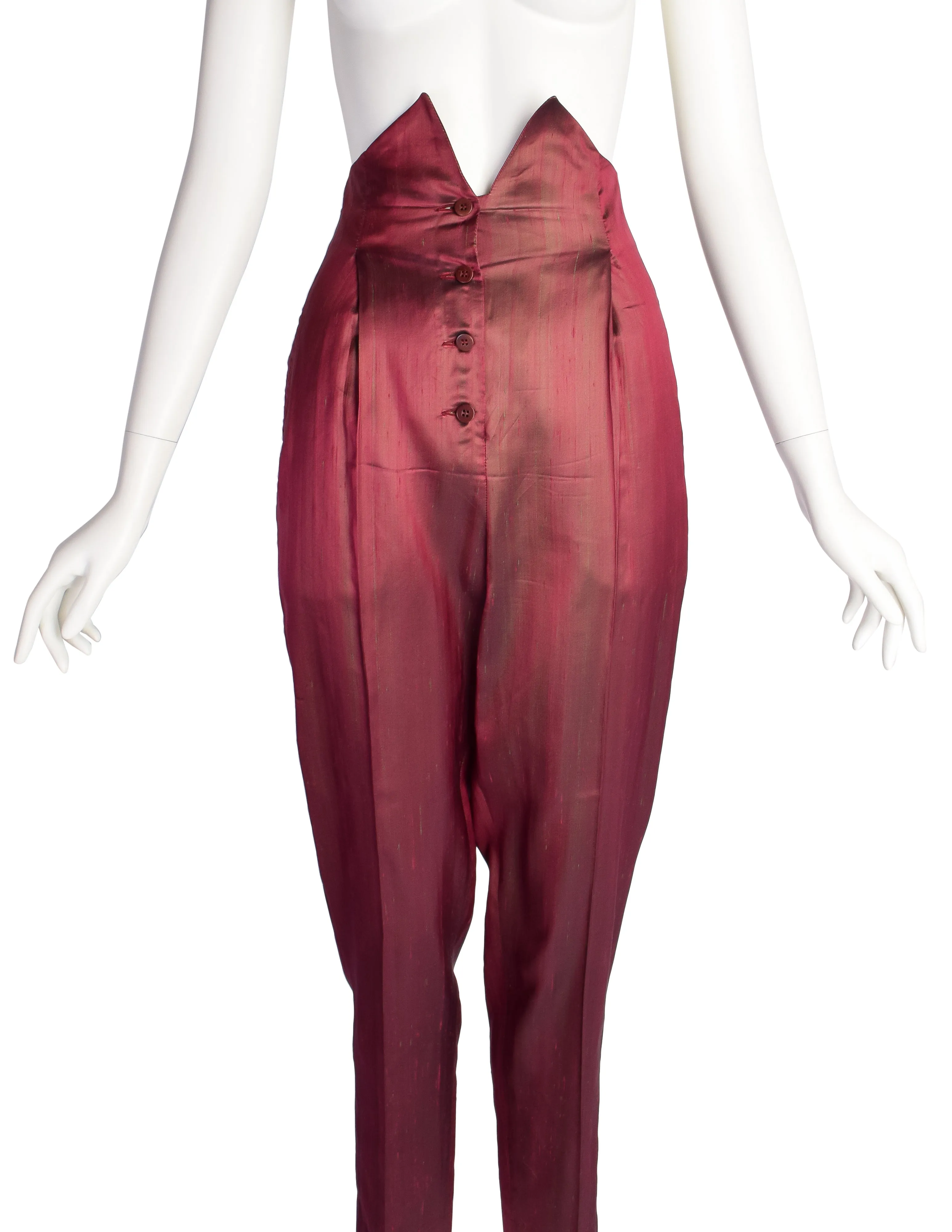 Romeo Gigli Vintage SS 1990 Burgundy Green Iridescent Silk Shantung Ultra High Waist Pants