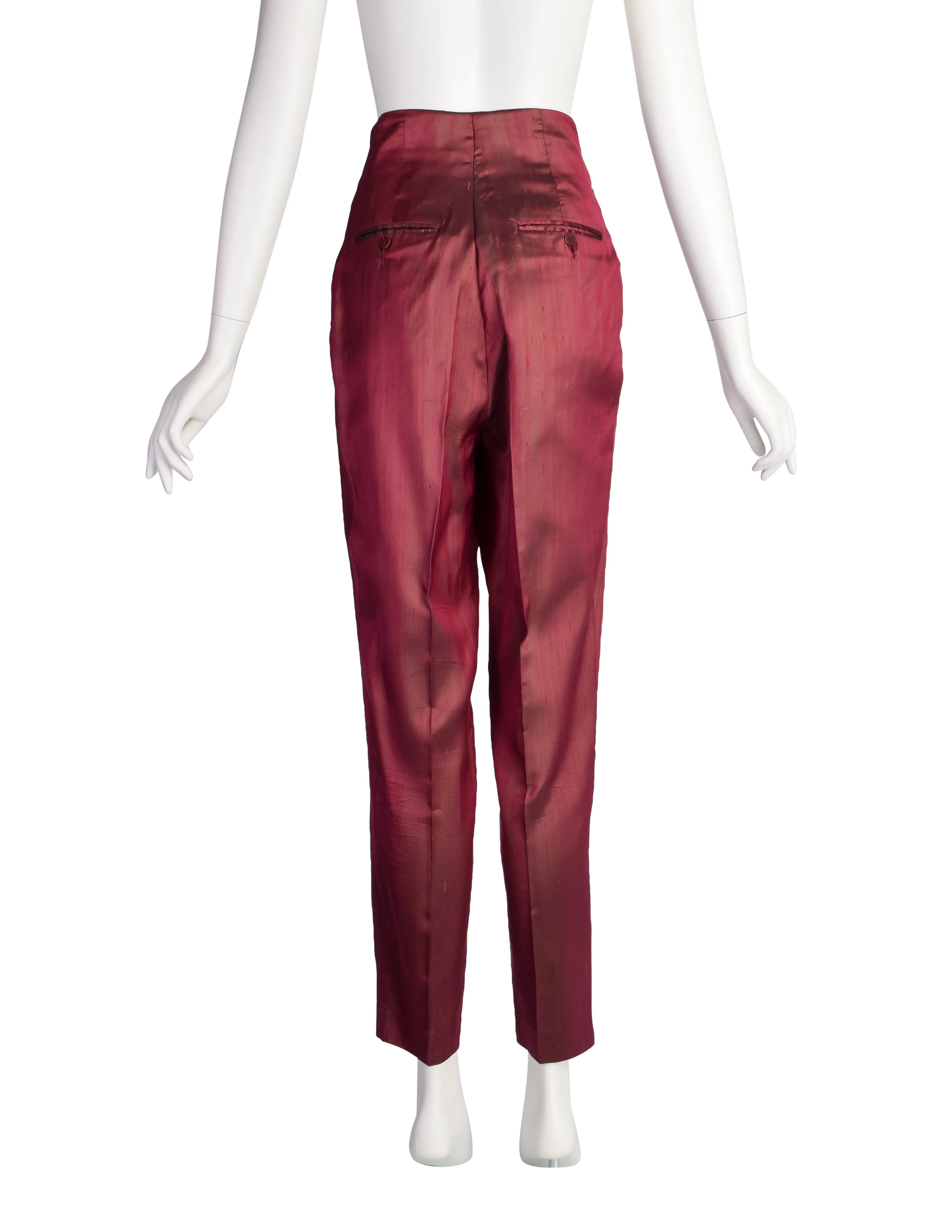 Romeo Gigli Vintage SS 1990 Burgundy Green Iridescent Silk Shantung Ultra High Waist Pants