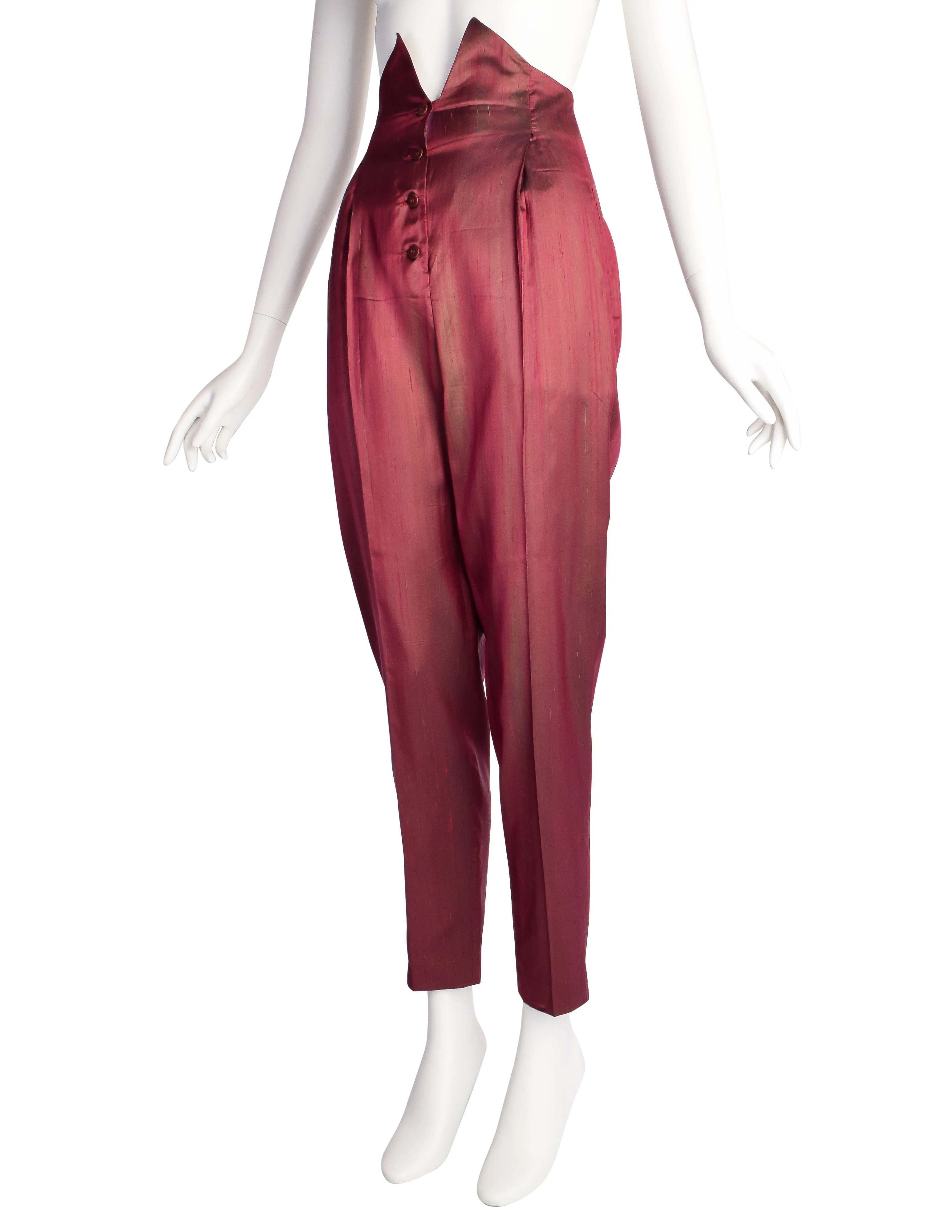 Romeo Gigli Vintage SS 1990 Burgundy Green Iridescent Silk Shantung Ultra High Waist Pants