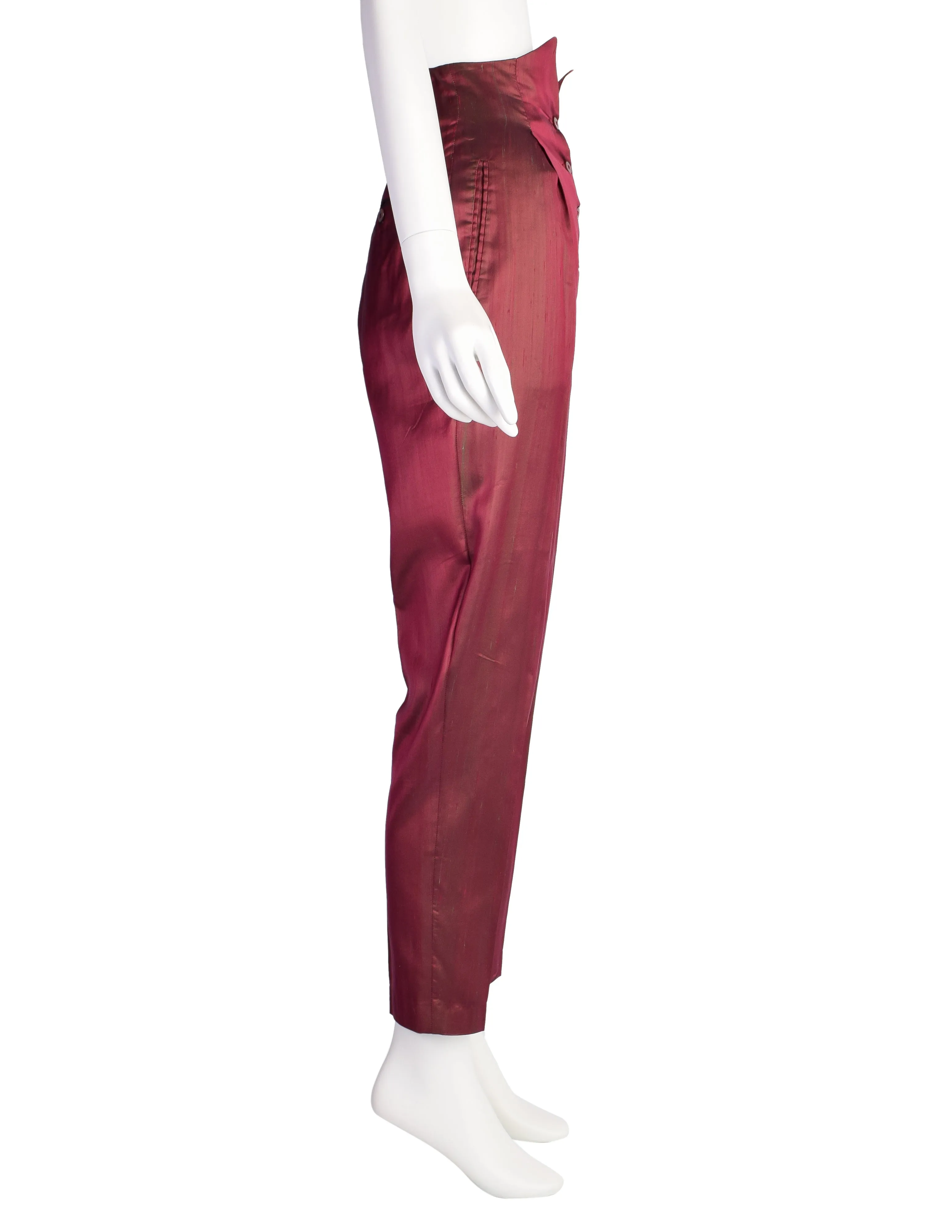 Romeo Gigli Vintage SS 1990 Burgundy Green Iridescent Silk Shantung Ultra High Waist Pants