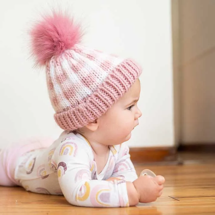 Rosy Pink Buffalo Check Pom Pom Beanie Hat for Babies, Toddlers & Kids