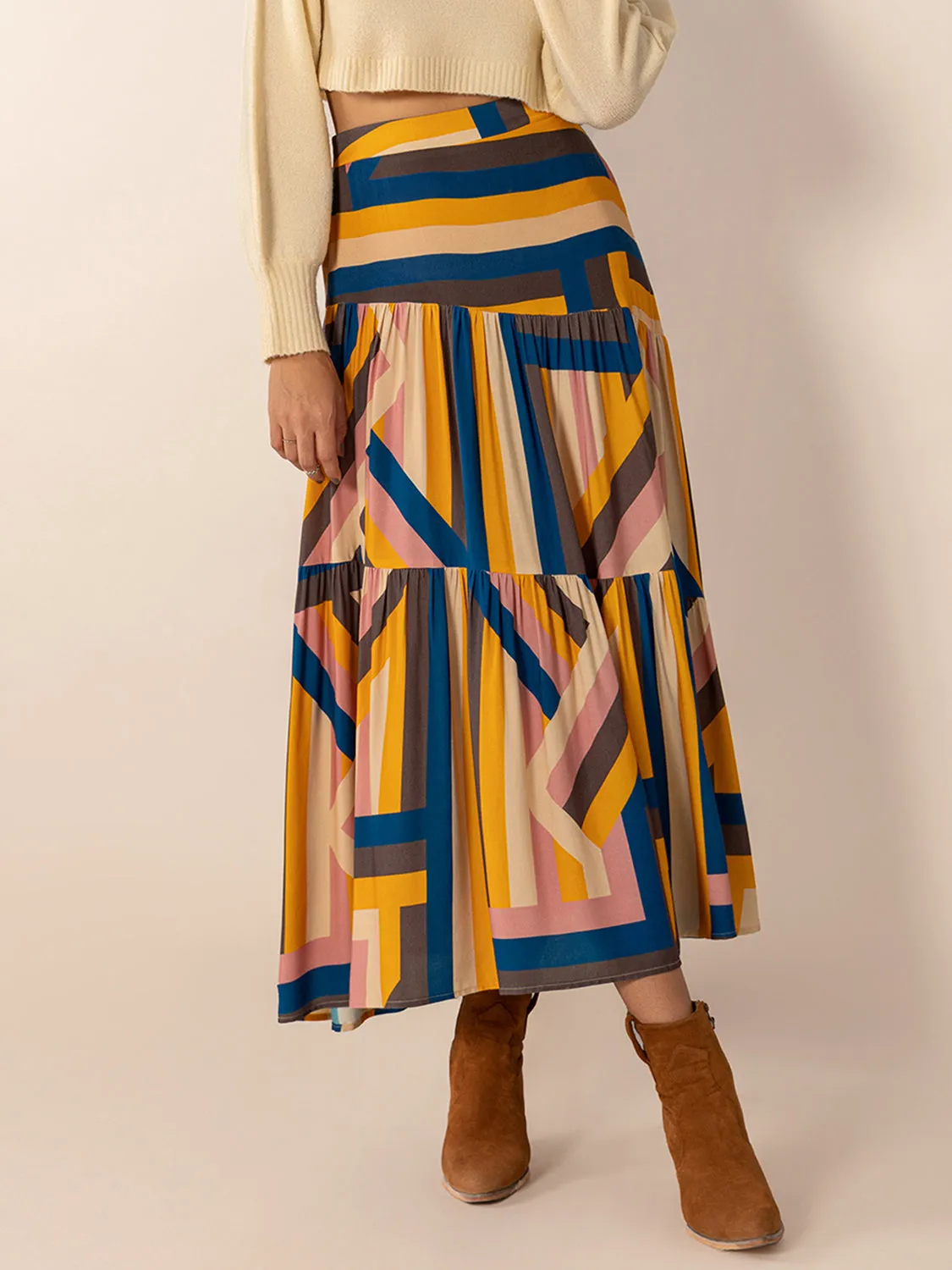 Ruched Elastic Waist Contrast Midi Skirt