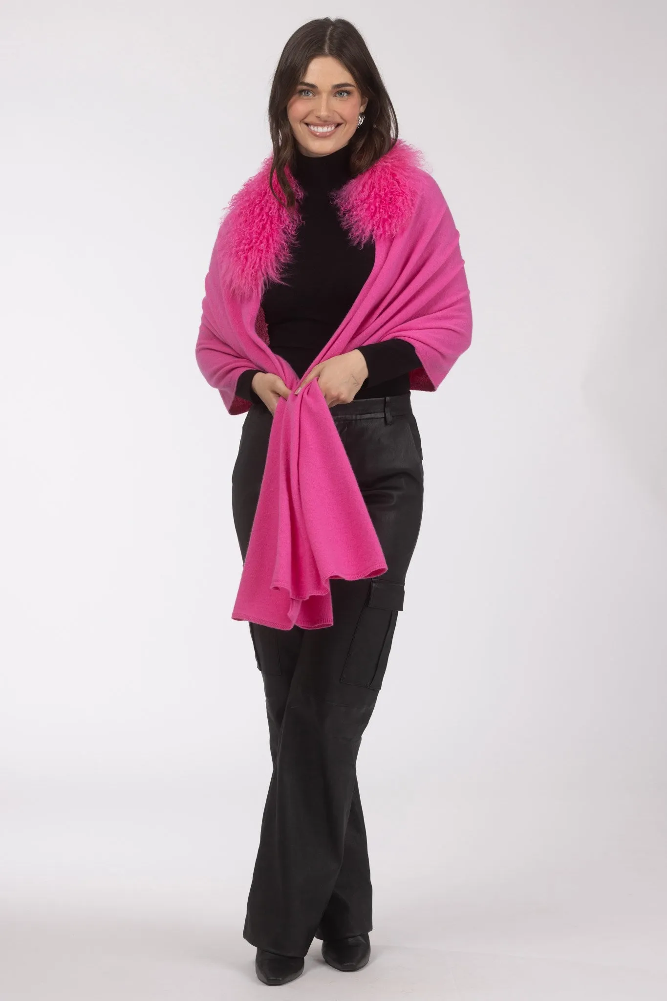 Select Cashmere and Merino Wool Blend Stole with Select Mongolian Lamb Trim