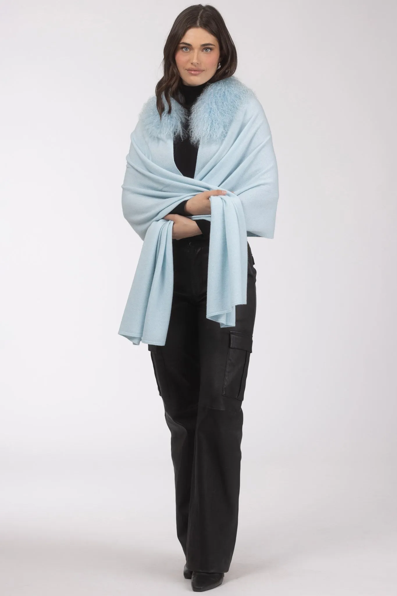 Select Cashmere and Merino Wool Blend Stole with Select Mongolian Lamb Trim