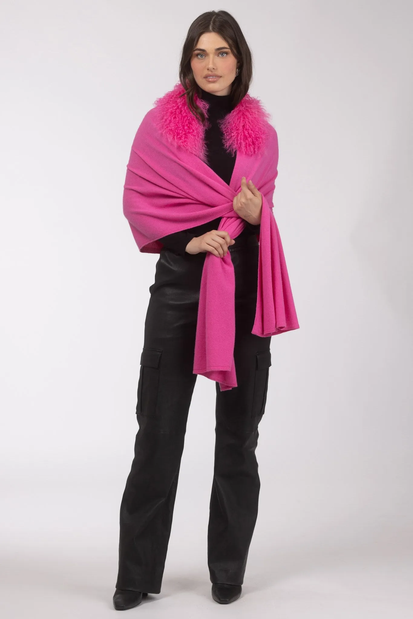 Select Cashmere and Merino Wool Blend Stole with Select Mongolian Lamb Trim