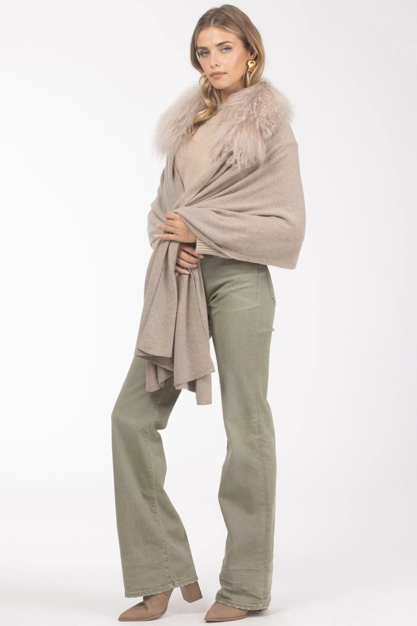 Select Cashmere and Merino Wool Blend Stole with Select Mongolian Lamb Trim