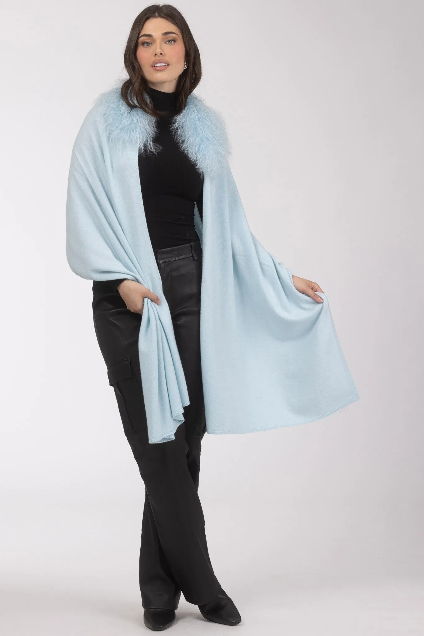 Select Cashmere and Merino Wool Blend Stole with Select Mongolian Lamb Trim