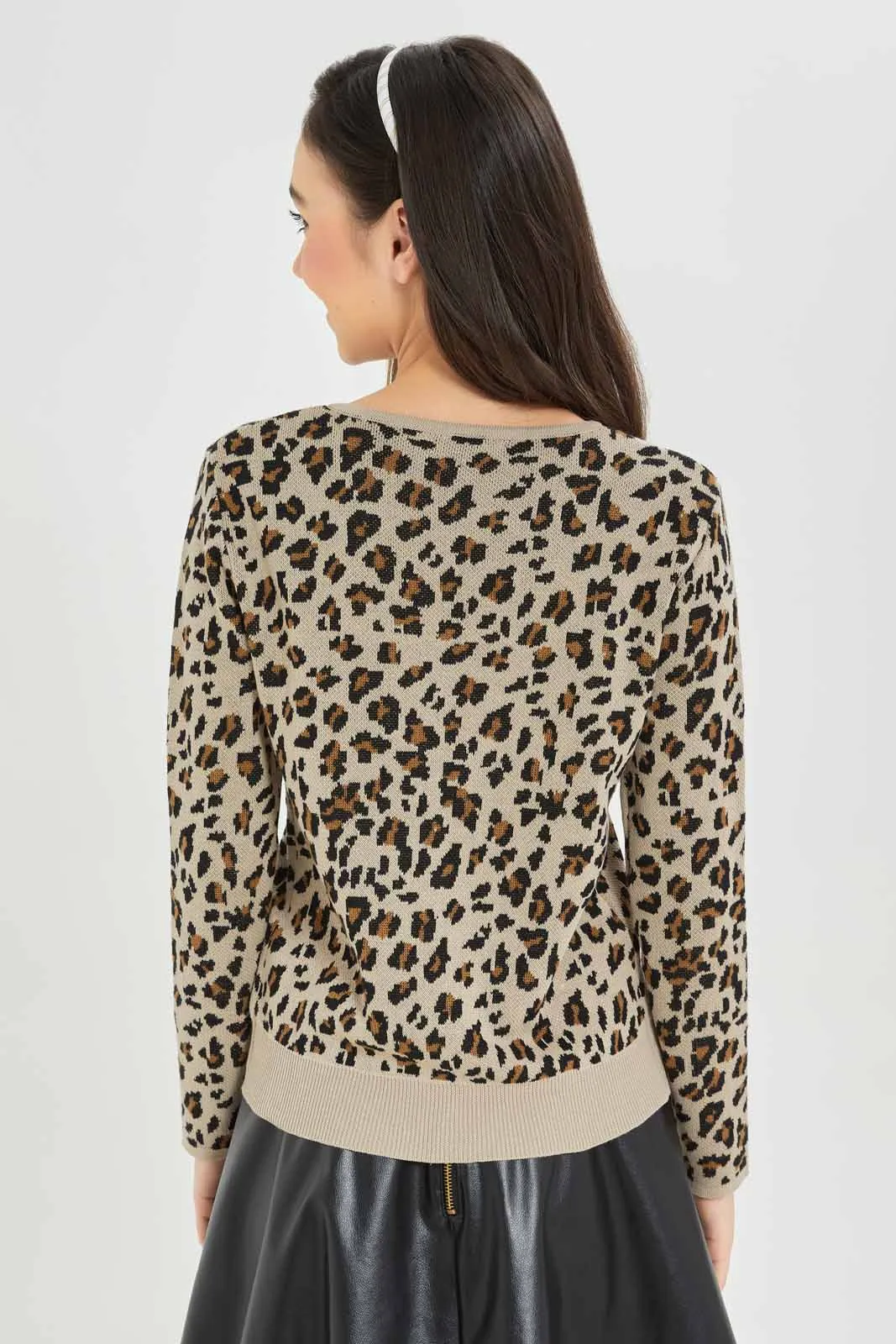 Senior Girls Beige Leopard Cardigan