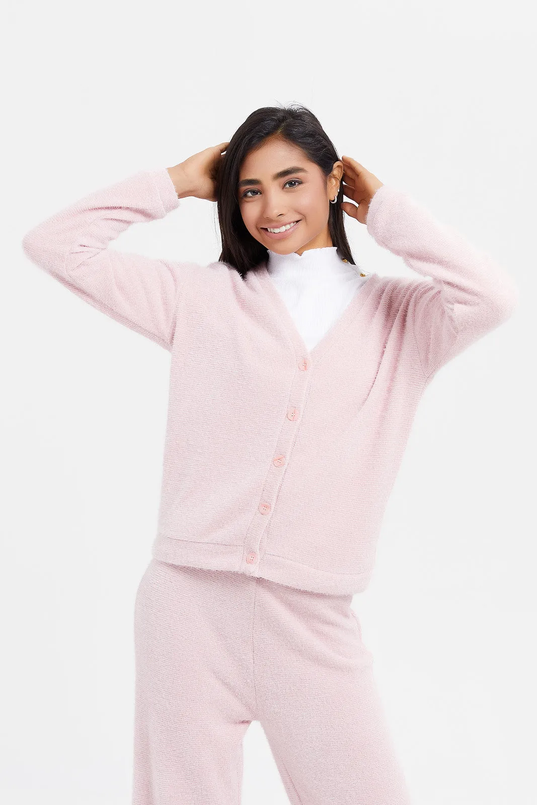 Senior Girls Pink Button Front Cardigan