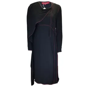 Sies Marjan Black / Red Contrast Stitching Long Sleeved Silk Crepe Midi Dress