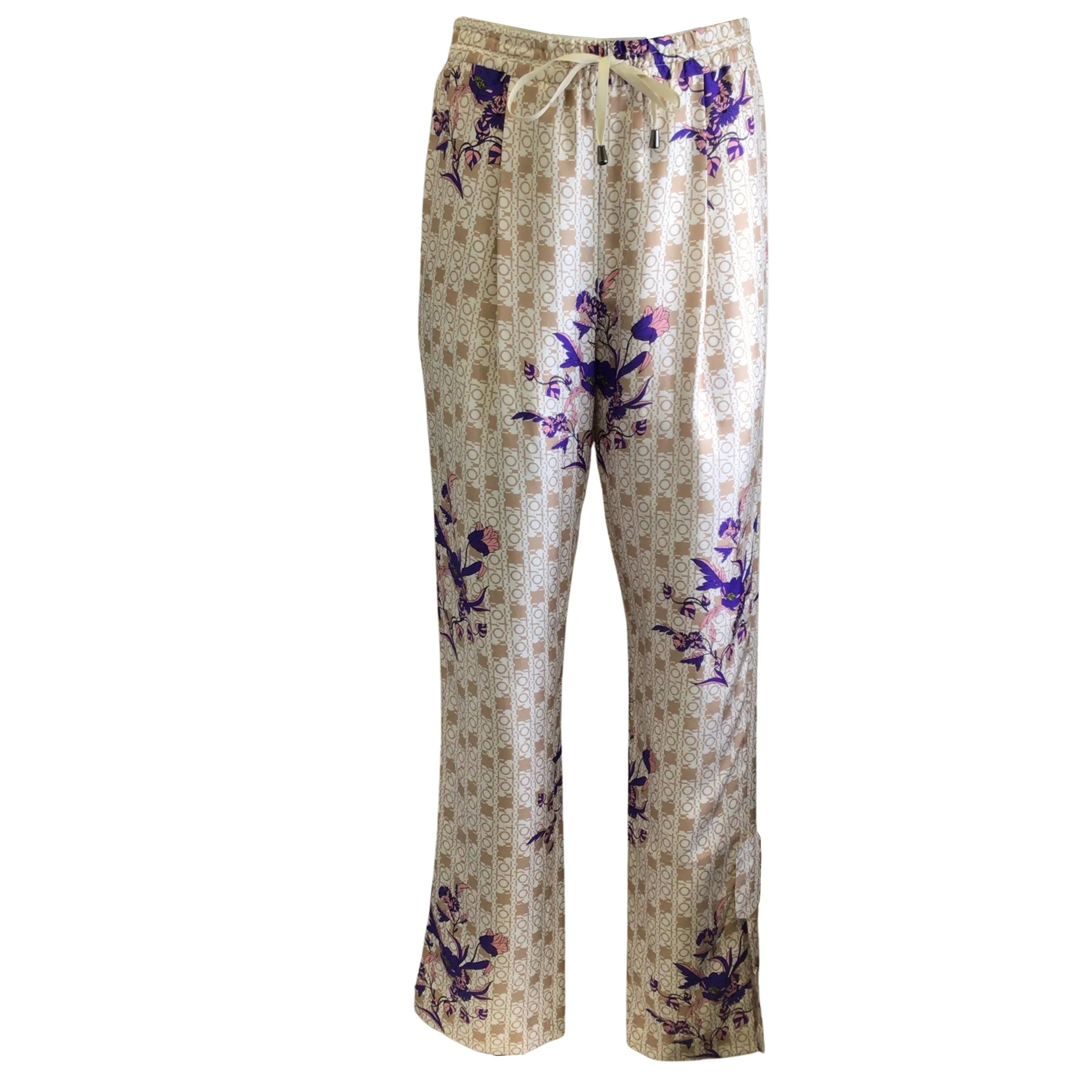 Snow Xue Gao Beige / Purple Multi Bleeker Floral Print Silk Pants