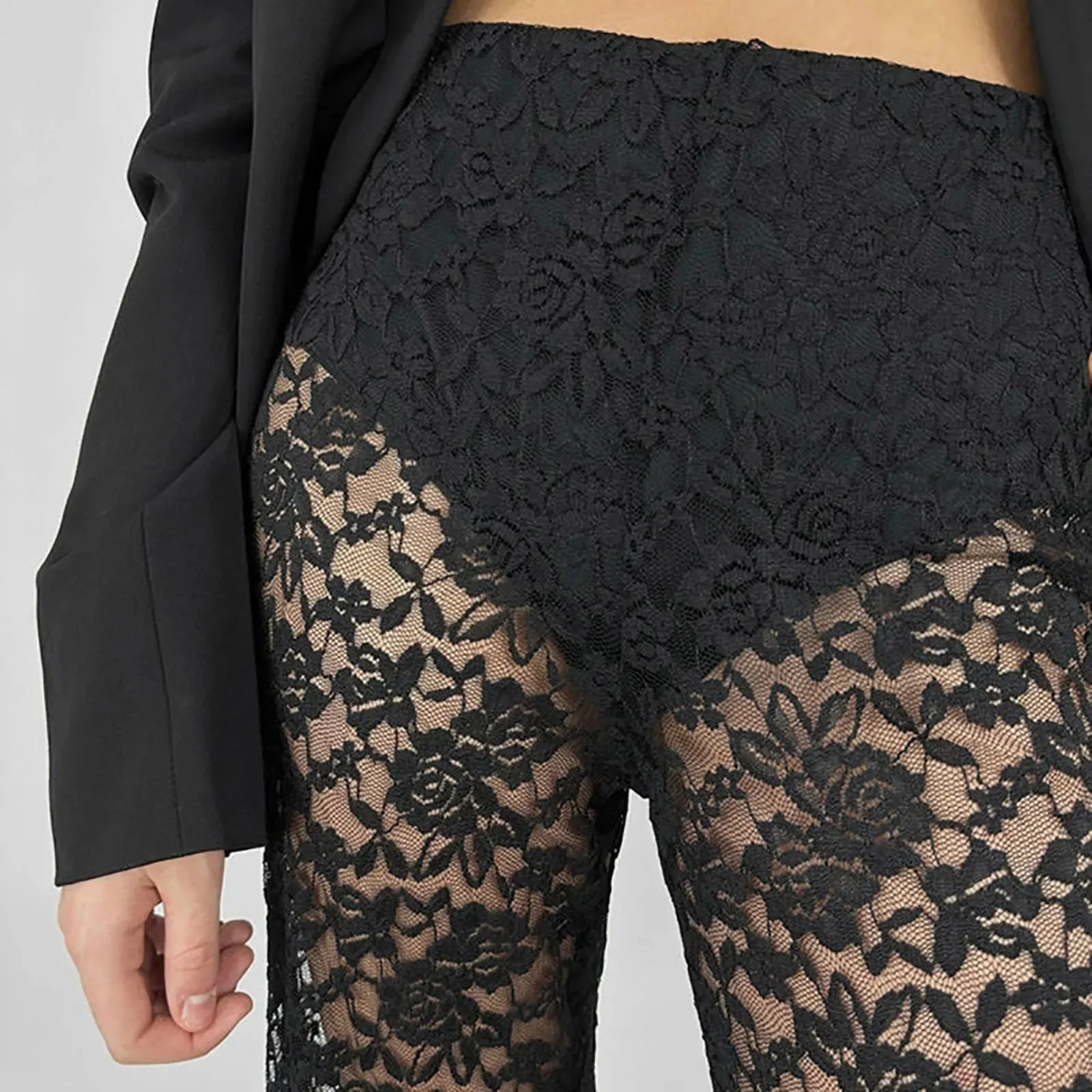 Style Sexy High Waist Hol Low Out Lace Summer Fashion Black See Through Splicing Straight Holiday Wear French Pants