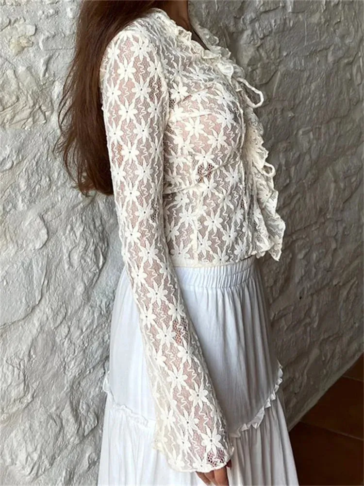 Summer Lace Floral Flare Sleeve Lace-up See Through Cardigan Blouse for Women