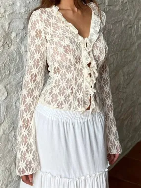 Summer Lace Floral Flare Sleeve Lace-up See Through Cardigan Blouse for Women