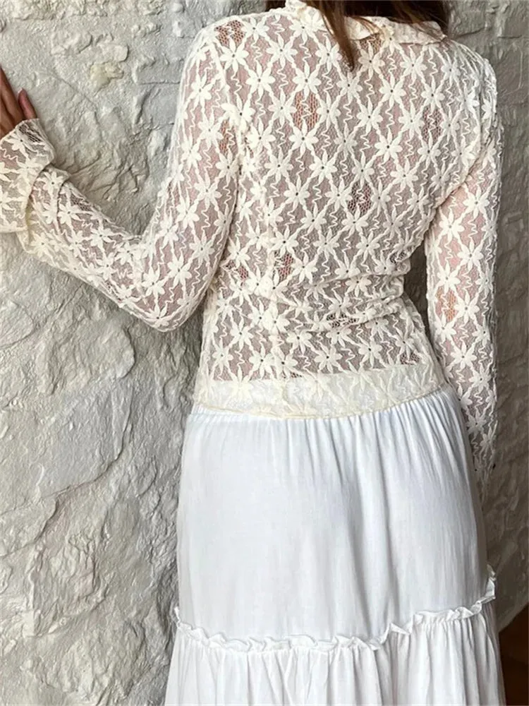 Summer Lace Floral Flare Sleeve Lace-up See Through Cardigan Blouse for Women