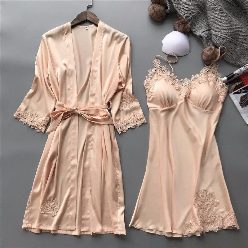 Summer Sexy Lace Women Robe Set V-Neck With Chest Pad Nightdress Cardigan Set Pyjamas