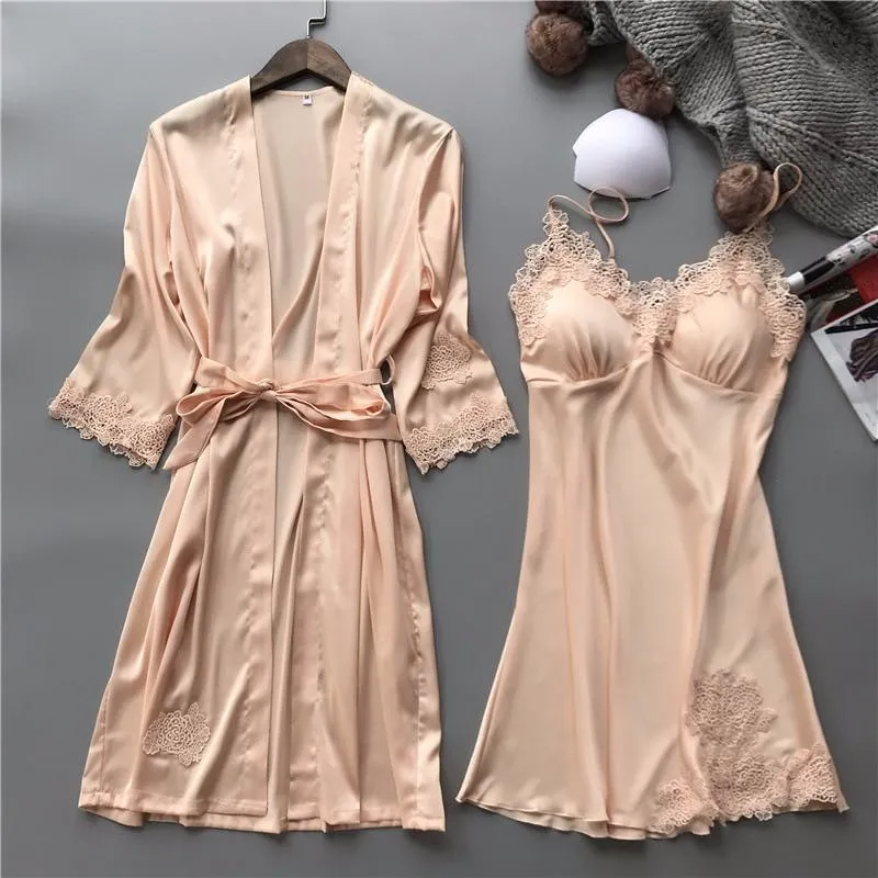 Summer Sexy Lace Women Robe Set V-Neck With Chest Pad Nightdress Cardigan Set Pyjamas