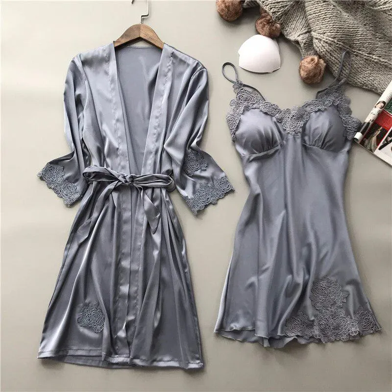 Summer Sexy Lace Women Robe Set V-Neck With Chest Pad Nightdress Cardigan Set Pyjamas