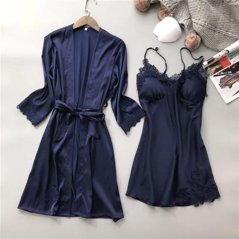 Summer Sexy Lace Women Robe Set V-Neck With Chest Pad Nightdress Cardigan Set Pyjamas