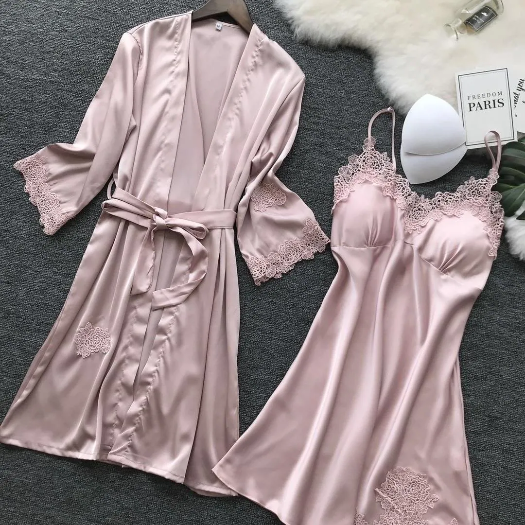 Summer Sexy Lace Women Robe Set V-Neck With Chest Pad Nightdress Cardigan Set Pyjamas