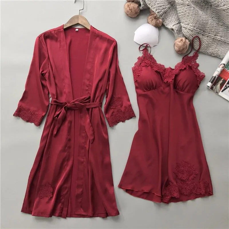 Summer Sexy Lace Women Robe Set V-Neck With Chest Pad Nightdress Cardigan Set Pyjamas