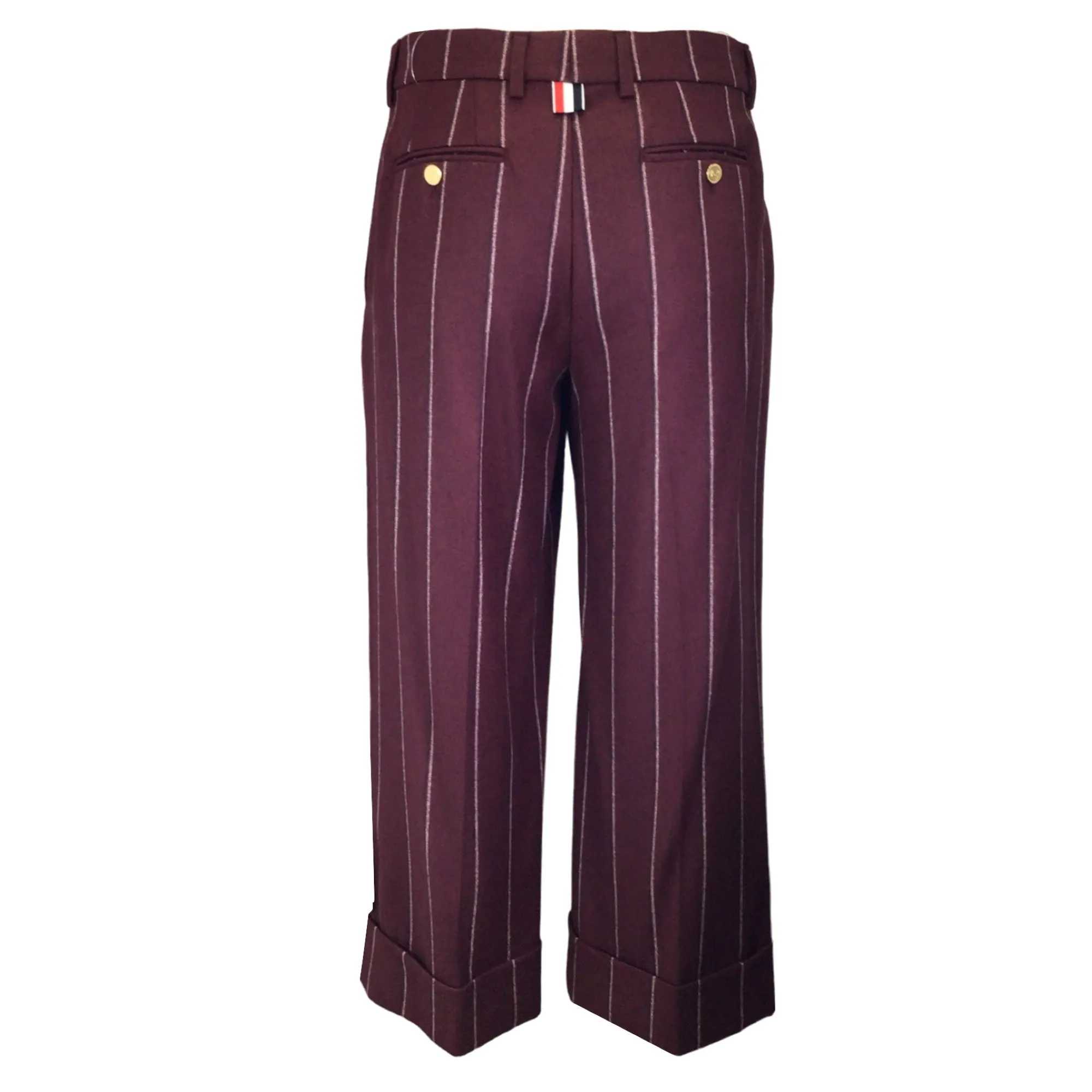 Thom Browne Burgundy Pinstriped Cropped Wool Trousers / Pants