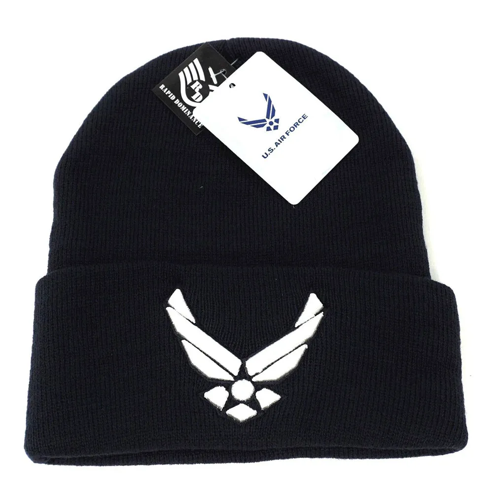 US Air Force Wings Logo Embroidered Navy Blue Fold Cuff Beanie Knit Hat Cap