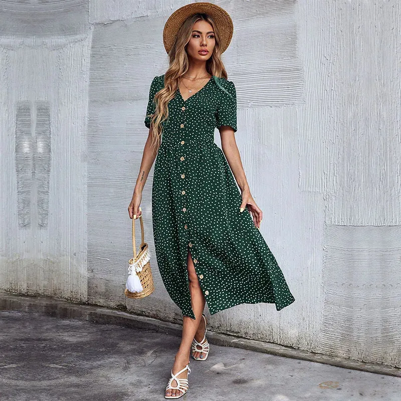 Vacation Chic Cardigan V-neck Short Sleeve Hem Slit Retro Dot Midi Dress