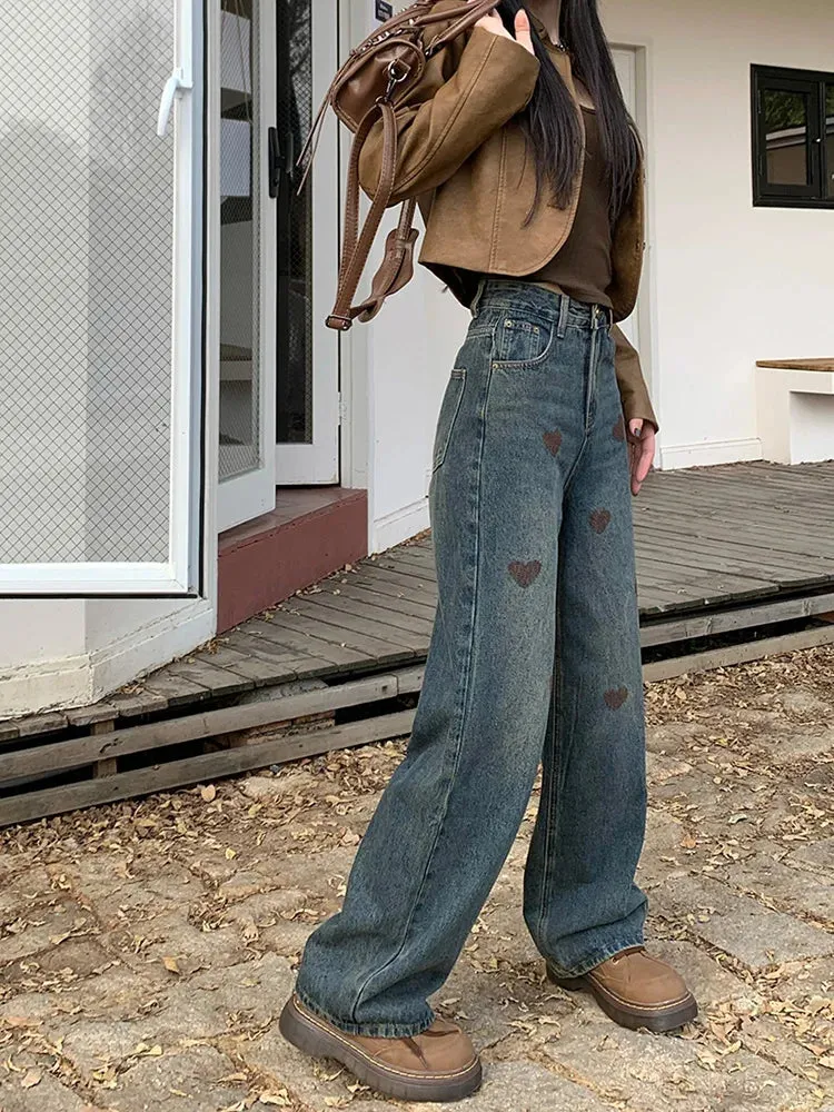 Vintage Heart Embroidery Wide Leg Jeans