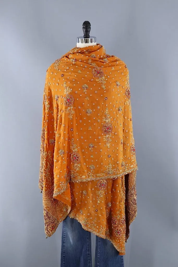 Vintage Orange Beaded Silk Shawl