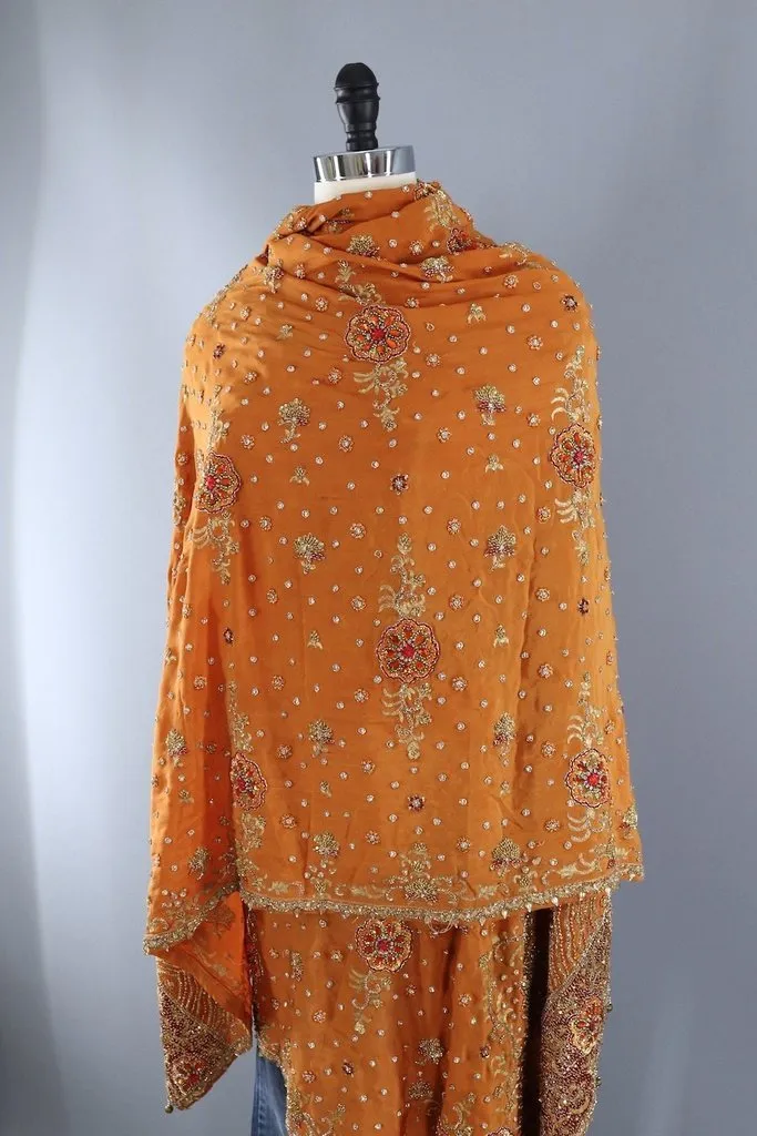 Vintage Orange Beaded Silk Shawl