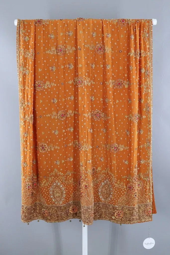 Vintage Orange Beaded Silk Shawl