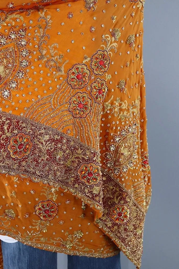 Vintage Orange Beaded Silk Shawl